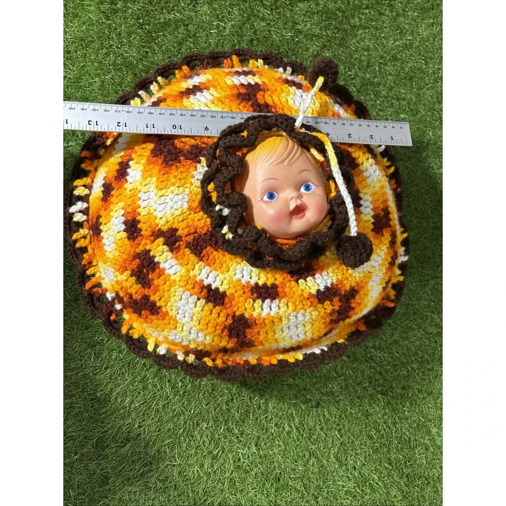 Vintage‎ Crochet Doll Face Pillow 70s Handmade Retro Kitsch Orange Brown 14